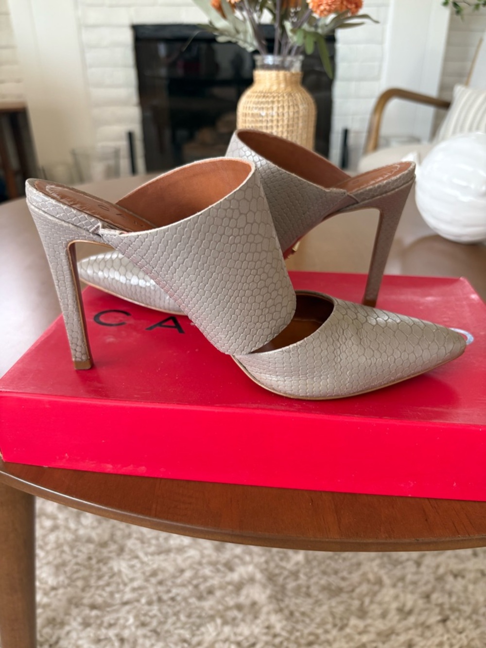 3.5” Taupe Textured Pointed-Toe High Heel Mule - Women